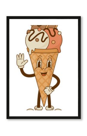 Retro cartoon Ice cream cone character. Vector illustration. Vintage sweet food mascot. Nostalgia 60s, 70s, 80s