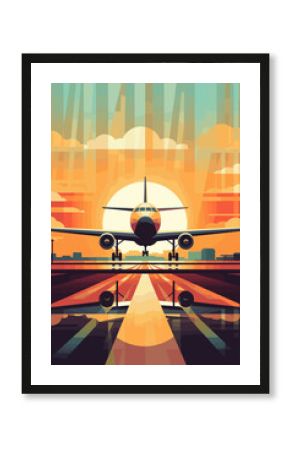 Vector vacation retro style poster with airplane taking off from the airport or landing at the sunset sunrise
