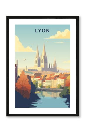 France Lyon retro city poster with abstract shapes of skyline, landmarks and cathedral. Vintage cityscape travel vector illustration of Rhône-Alpes region