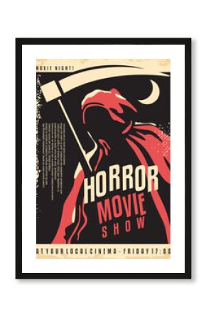 Grim Reaper holding the scythe old graphic cinema poster template for horror movies festival. Death figure with sickle standing in the dark. Vintage vector poster design layout for horror film. 