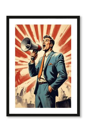 A vintage style poster featuring a confident businessman loudly promoting his product through a megaphone. Perfect for retro advertising and business concepts.
