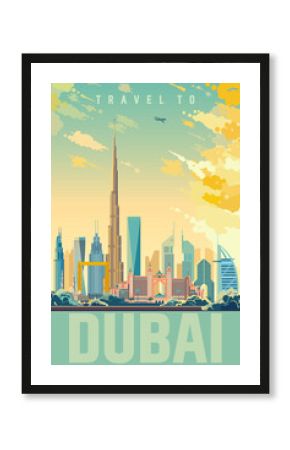 Dubai city landmark vector retro poster design