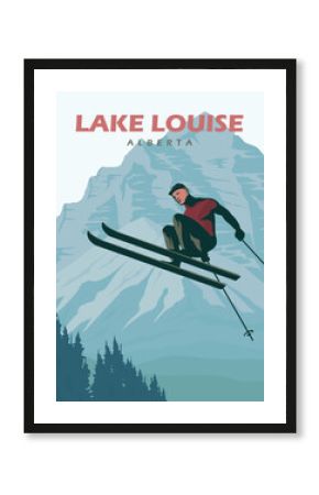 jumping skiers illustration poster design, lake louise vintage poster design