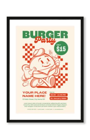 Poster with trendy retro groovy burger cartoon style on 90s character in monochrome red palette