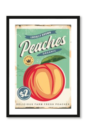 Retro advertising poster for delicious peaches. Fruit market vintage tin sign. Food vector illustration.
