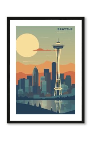 USA Seattle city retro poster with abstract shapes of skyline, buildings. Vintage US Washington state modern cityscape travel vector illustration