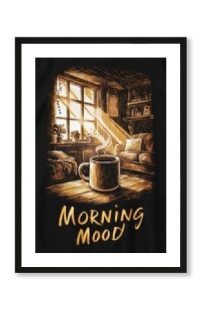 a beautiful coffee drawing and the inscription Morning Mood. Vertical story size