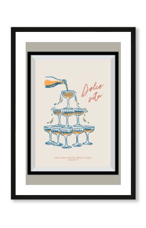 Minimal hand drawn vector wine illustration with aesthetic quote in a poster frame. Matisse style illustrations.