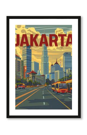 Jakarta skyline retro vector travel poster
