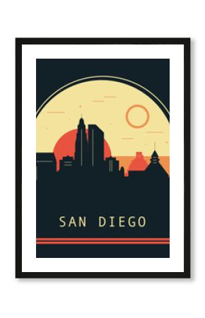 San Diego city retro style poster with skyline, cityscape. USA California  state vintage vector illustration. US front cover, brochure, flyer, leaflet template, layout image