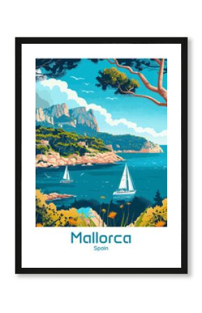 Mallorca Balearic Islands Spain Mediterranean Sea Poster Illustration Travel Print Decor Gift Paper Canvas Wall Retro Art