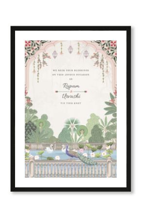 Traditional Indian Mughal Wedding Card Design. Invitation card for printing vector illustration.