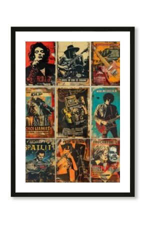 Retro music poster artwork featuring electric guitar, acoustic guitar, and drum set in a grunge style.