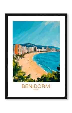 Benidorm Spain Poster Illustration Travel Print Decor Gift Paper Canvas Wall Retro Art