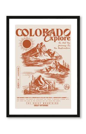 colorado hand drawn mountain print vector print. Great Outdoors. sunset mountain print design. adventure outdoors vector. hand drawn mountain. vintage retro hill with lake and pain tree.