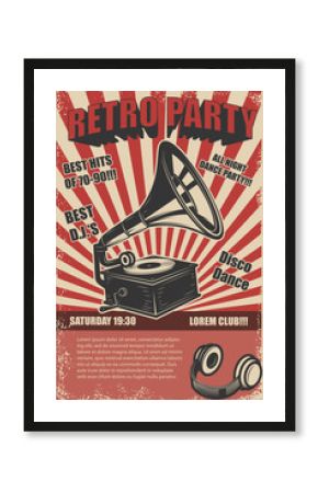 Retro party. Vintage gramophone on grunge background. Design elements for poster. Vector illustration