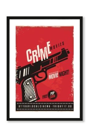 Crime movies poster design template with gun on red background. Pistol graphic on cinema poster.