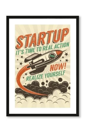 Startup take-off rocket retro poster with vintage colors and grunge effect. Worn texture on separate layer and can be easily disabled.