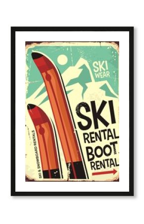 Ski rental retro sign design with pair of skis and winter mountain shape