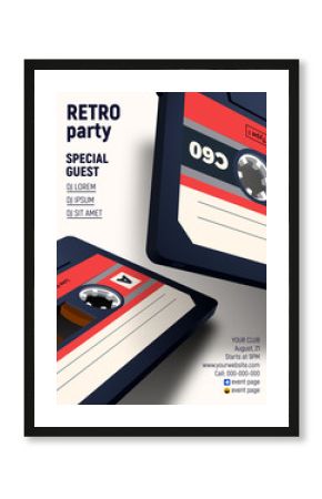 Compact cassette poster with retro 80s styled party invitation