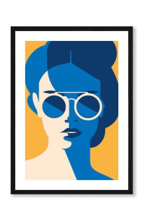Fashion portrait of a model girl with sunglasses. Retro trendy colors poster or flyer.