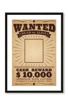 Wanted vintage western poster. Dead or alive crime outlaw. Wanted for reward vector retro banner