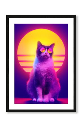 Retro wave synth vaporwave portrait of a cat in sunglasses with palm trees reflection. 80s sci-fi futuristic fashion poster style violet neon aesthetics.