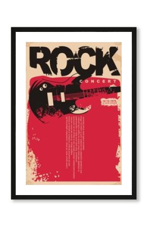 Rock concert poster template with electric guitar on grungy red background. Rock music flyer layout. Musical event vector banner on old paper texture.