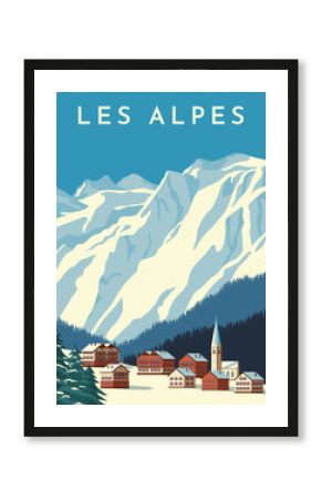 Alps travel retro poster, vintage banner. Mountain village of Austria, winter landscape of Switzerland. Flat vector illustration.