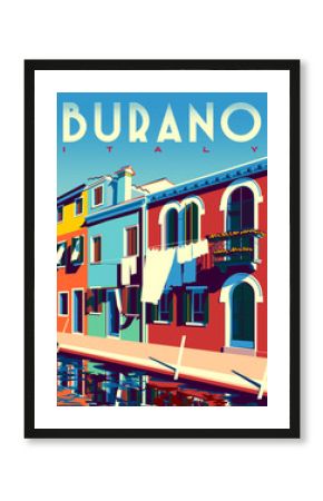 Sunny summer day in Burano, Italy, with canal and traditional houses.