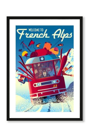 French Alps Travel Poster with railway train in first plan and mountains in the background.