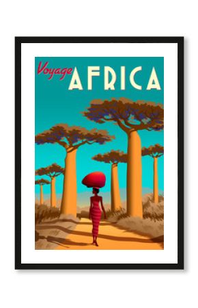 Africa travel poster with a masai girl in the first plan and baobabs and savannah in the background.