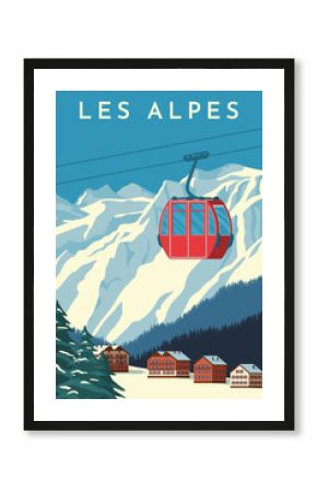 Ski resort with red gondola lift, mountain chalet, winter snowy landscape. Alps travel retro poster, vintage banner. Flat vector illustration.