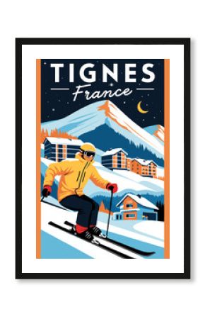Tignes, France Ski poster in retro style. Winter landscape vector illustration