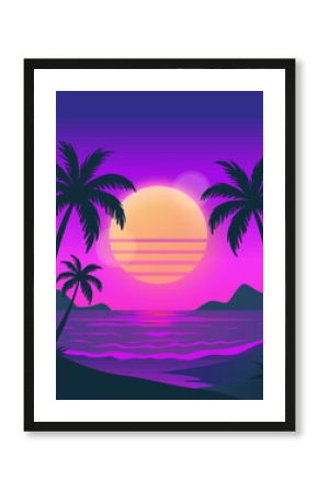 Abstract Neon purple palm beach night palm Retro futuristic  landscape with sea background of glowy sunset and palms silhouette. Hot summer, party, disco, banner, evening in beach. Vector illustration
