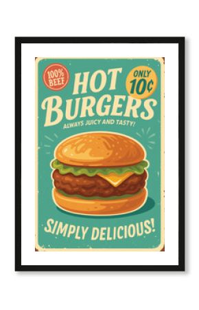 Vintage fast food burger sign with classic hamburger illustration on retro metal background for diner and restaurant
