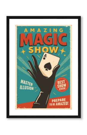 Magician hand with playing cards retro poster on blue background