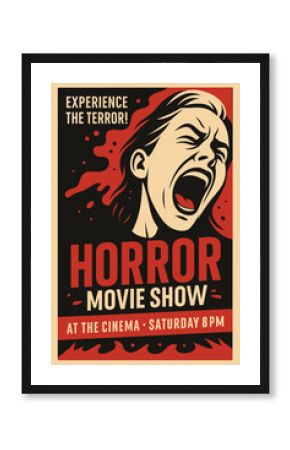 Retro Horror Movie Poster – Screaming Man & Blood Splatter On Dark Background, Scary Cinema Night Scene Vector Art