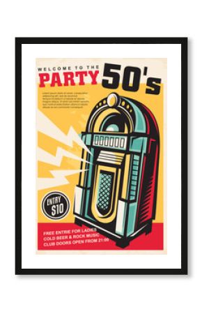 Jukebox graphic vintage music party poster design. Retro sign with colorful jukebox image. Music vector illustration.