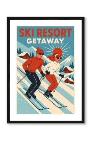 Retro 1960s Ski Resort Poster - Vintage Winter Getaway with Skiing Couple and Mountain Cabins
