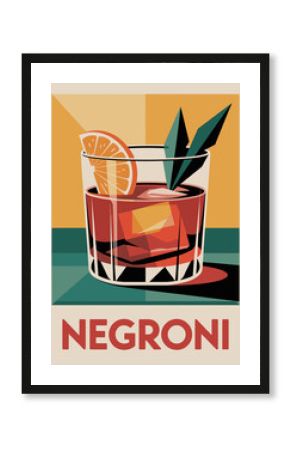 Stylish Negroni cocktail poster in retro Mid Century Modern style. Vintage bar wall art, perfect for kitchen decor, restaurant menu, or cocktail lovers. Vector illustration.
