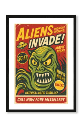 Aliens attack retro poster concept, science fiction movie festival flyer with UFO spaceship and creatures, vintage vector cinema event template