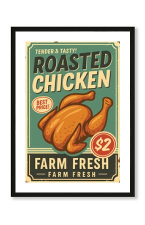 Roasted chicken retro poster – food flyer with turquoise background for restaurants