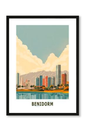 Benidorm Spain illustrated poster in retro style. Vintage travel booklet, brochure, postcard, print, cover with skyline