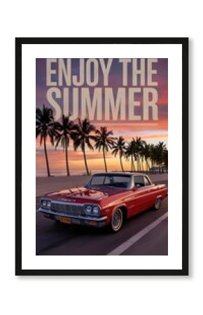 Cinematic lowrider car t-shirt featuring sunset and Enjoy The Summer quote   