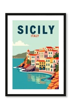 Bright retro travel poster promoting tourism in Sicily, Italy, featuring colorful buildings perched on a cliff overlooking the sea, evoking a sense of nostalgia and wanderlust