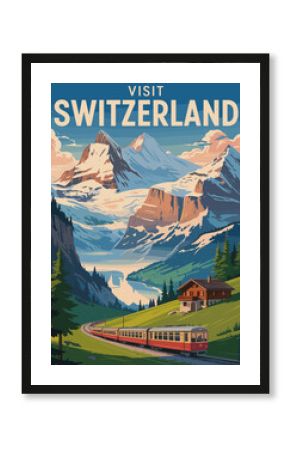 Retro-style Switzerland travel poster featuring a train journey through snowy Swiss mountains and scenic countryside. Perfect for vintage tourism, adventure, and alpine design themes