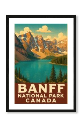 Travel poster style artwork of Banff National Park's Moraine Lake in Alberta, Canada, featuring snowy mountains, turquoise water and lush pine forest