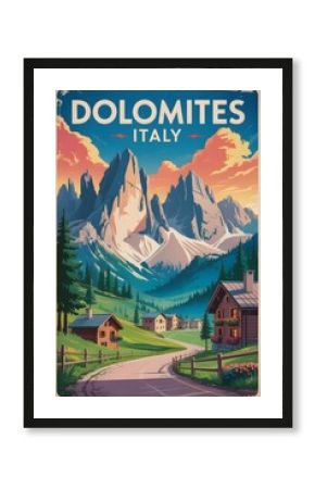 Dolomites italy travel poster showcasing tre cime di lavaredo and alpine village at sunset