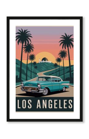 Mid-century modern vector travel poster of Los Angeles featuring a turquoise vintage car, palm trees, Griffith Observatory, and a sunset sky in retro 1950s California style
